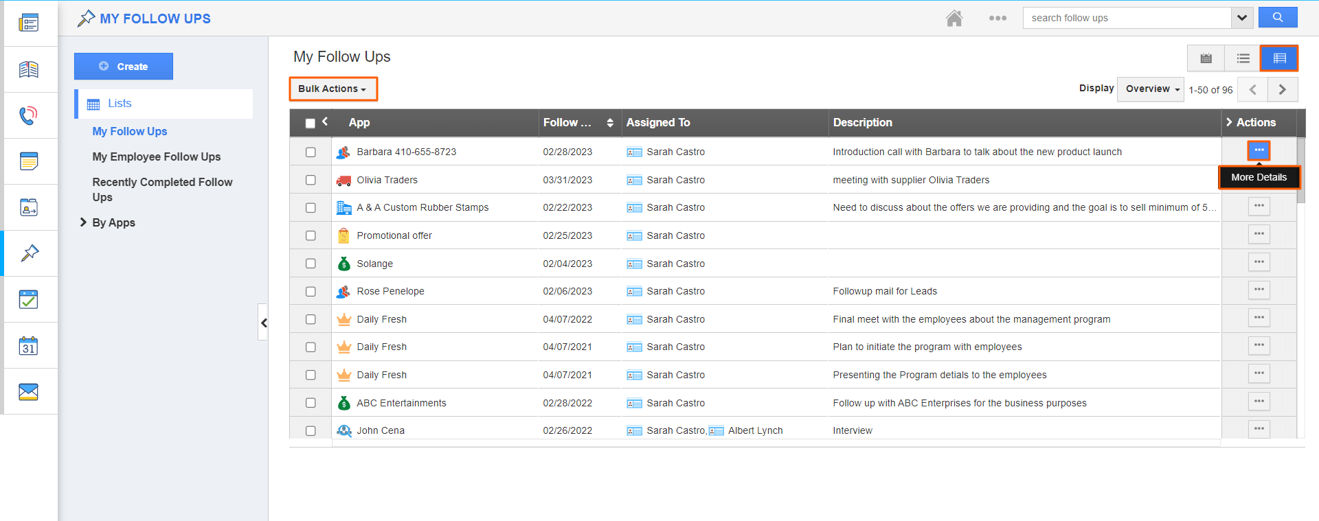 Home - Followup Table view